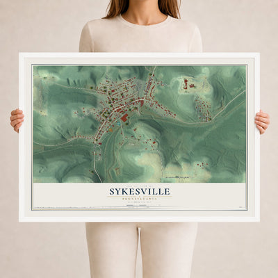 Map of Sykesville, Pennsylvania, 24 x 36 inch print in a white wood frame