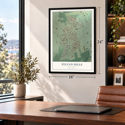 Sylvan Hills, Pennsylvania map, 18 x 24 inch print in a black frame in a home office