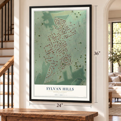 Sylvan Hills, Pennsylvania map, 24 x 36 inch print in a black frame by a staircase