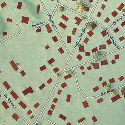 Close-up of the map of Sylvan Hills, Pennsylvania print showing street and building detail
