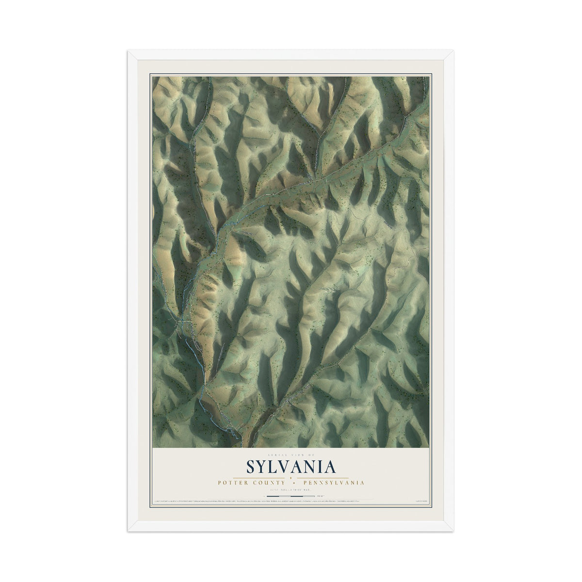 Map of Sylvania, Potter County, Pennsylvania, 12 x 18 inch print in a white wood frame