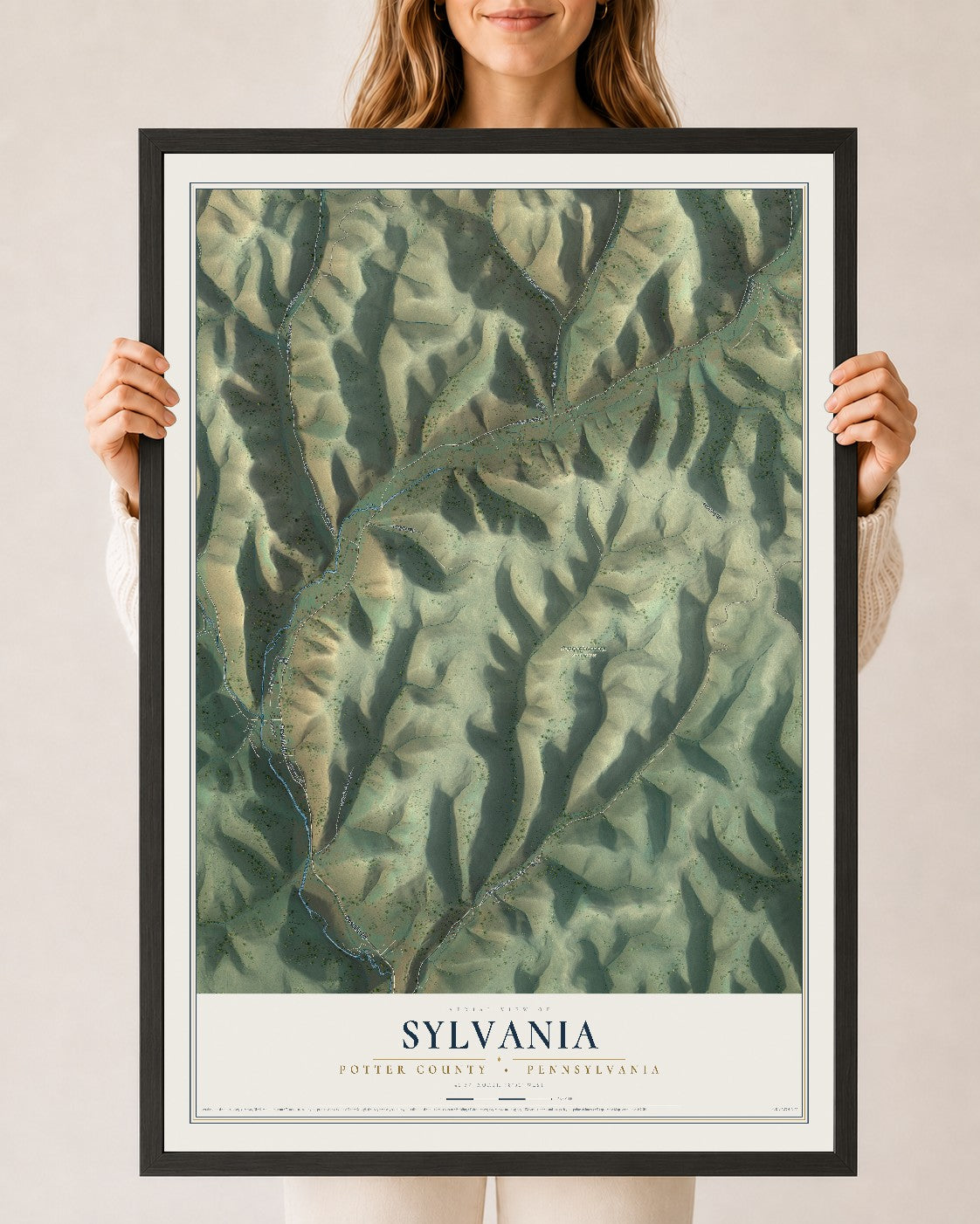 Map of Sylvania, Potter County, Pennsylvania, 24 x 36 inch print in a black wood frame