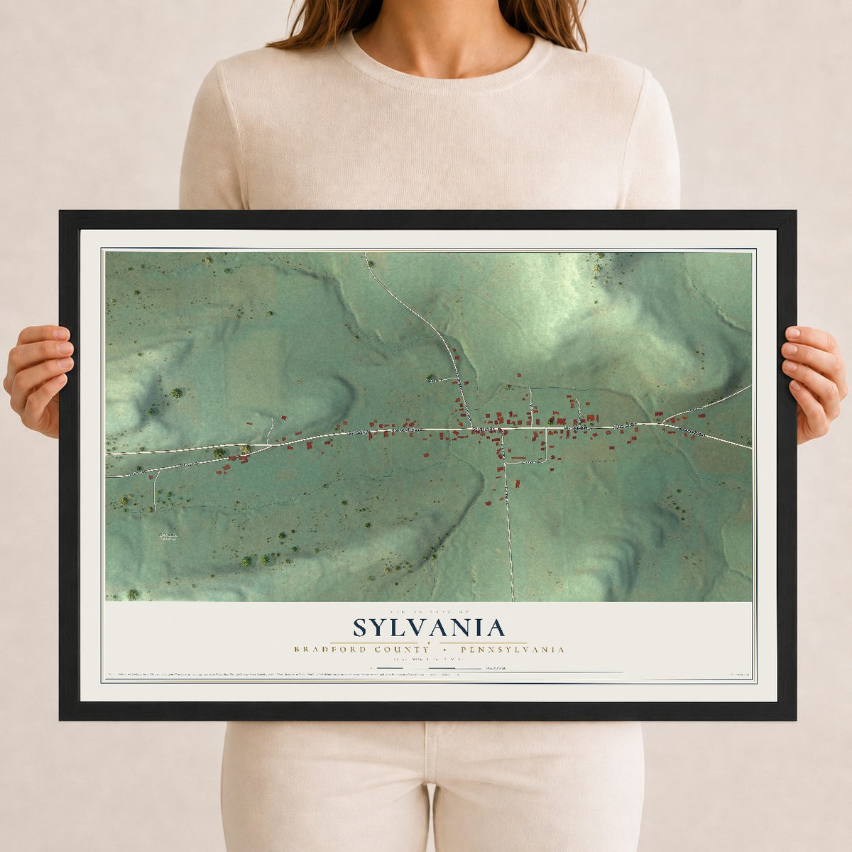 Map of Sylvania, Bradford County, Pennsylvania, 12 x 18 inch print in a black wood frame