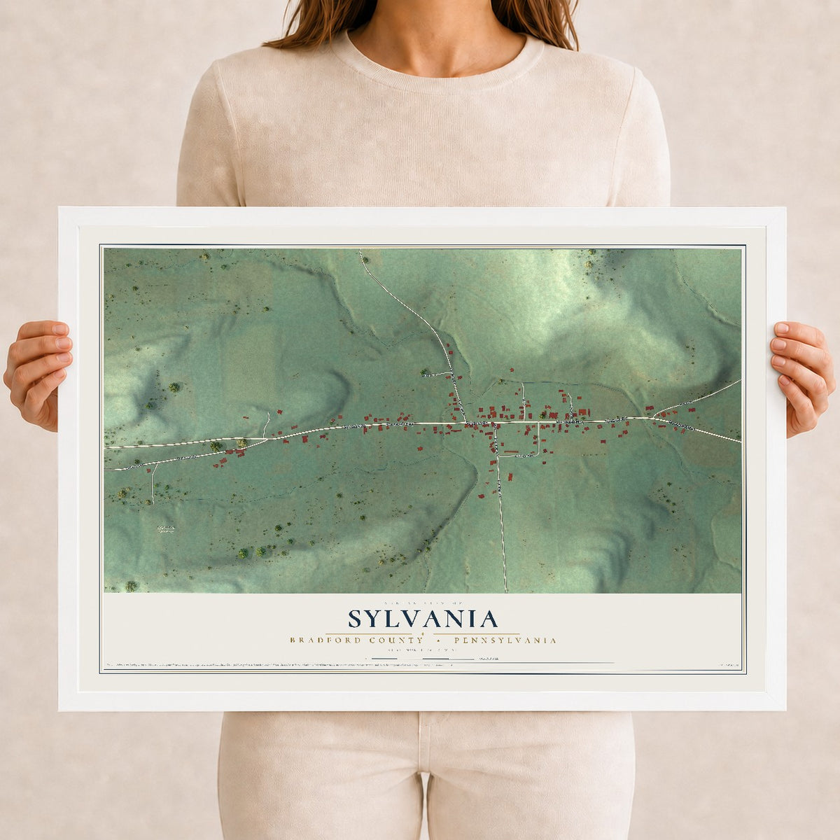 Map of Sylvania, Bradford County, Pennsylvania, 12 x 18 inch print in a white wood frame