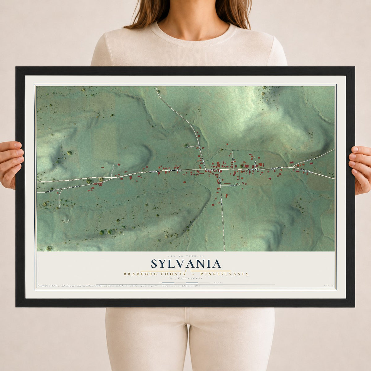 Map of Sylvania, Bradford County, Pennsylvania, 18 x 24 inch print in a black wood frame