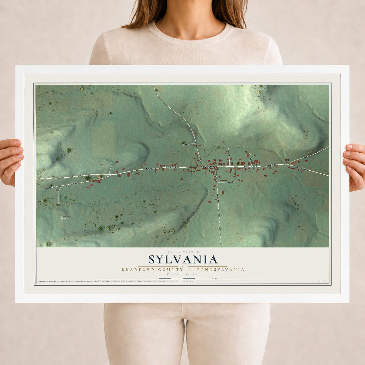 Map of Sylvania, Bradford County, Pennsylvania, 18 x 24 inch print in a white wood frame