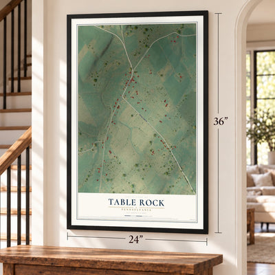 Table Rock, Pennsylvania map, 24 x 36 inch print in a black frame by a staircase
