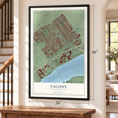 Tacony, Pennsylvania map, 24 x 36 inch print in a black frame by a staircase