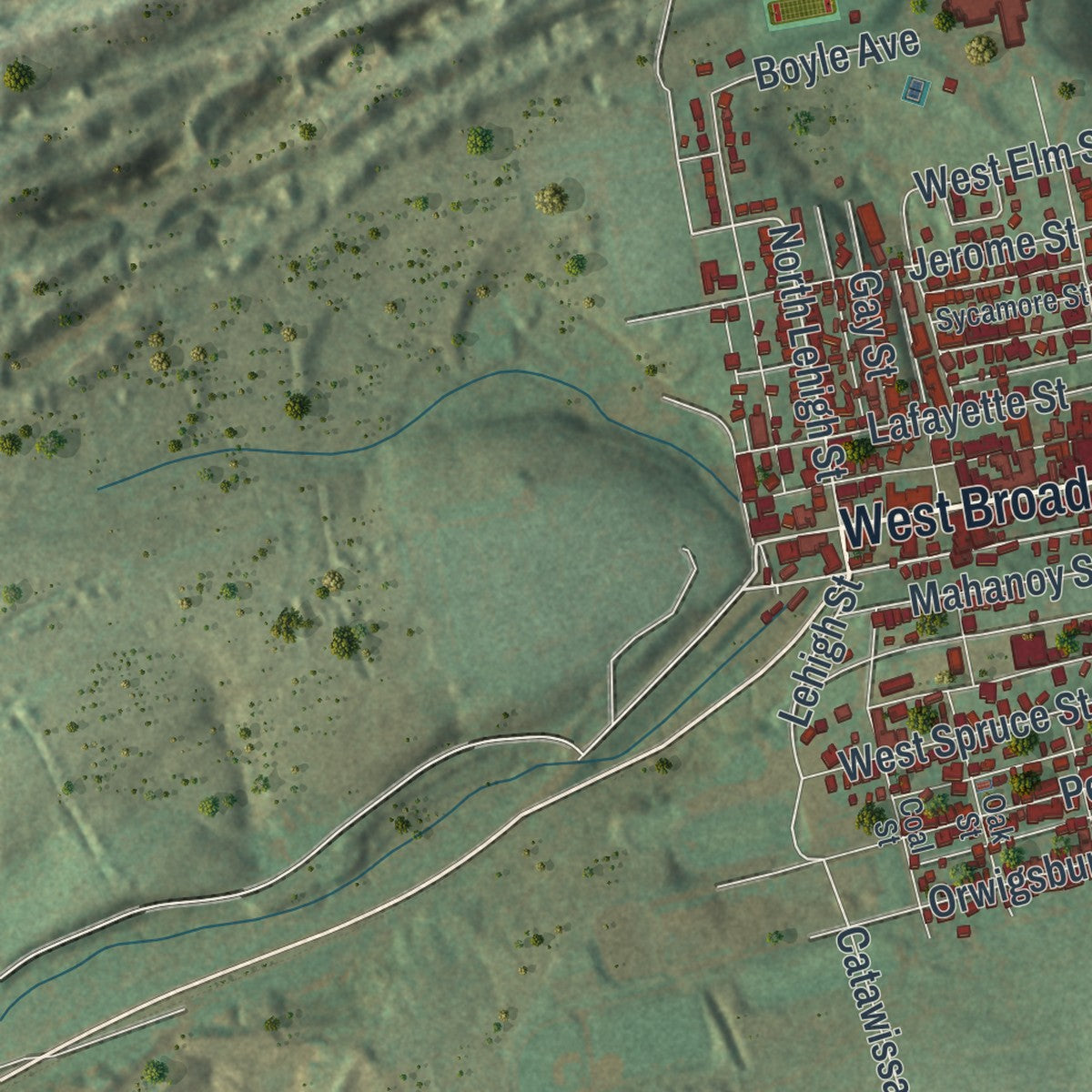Second close-up of the map of Tamaqua, Pennsylvania print showing more streets and buildings