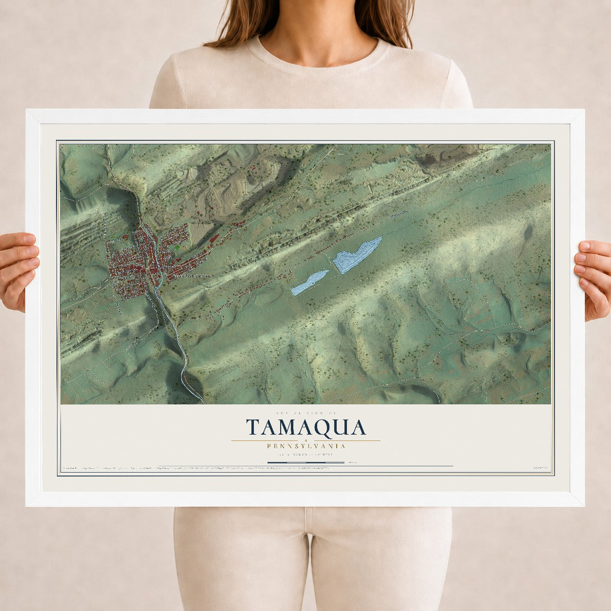Map of Tamaqua, Pennsylvania, 18 x 24 inch print in a white wood frame