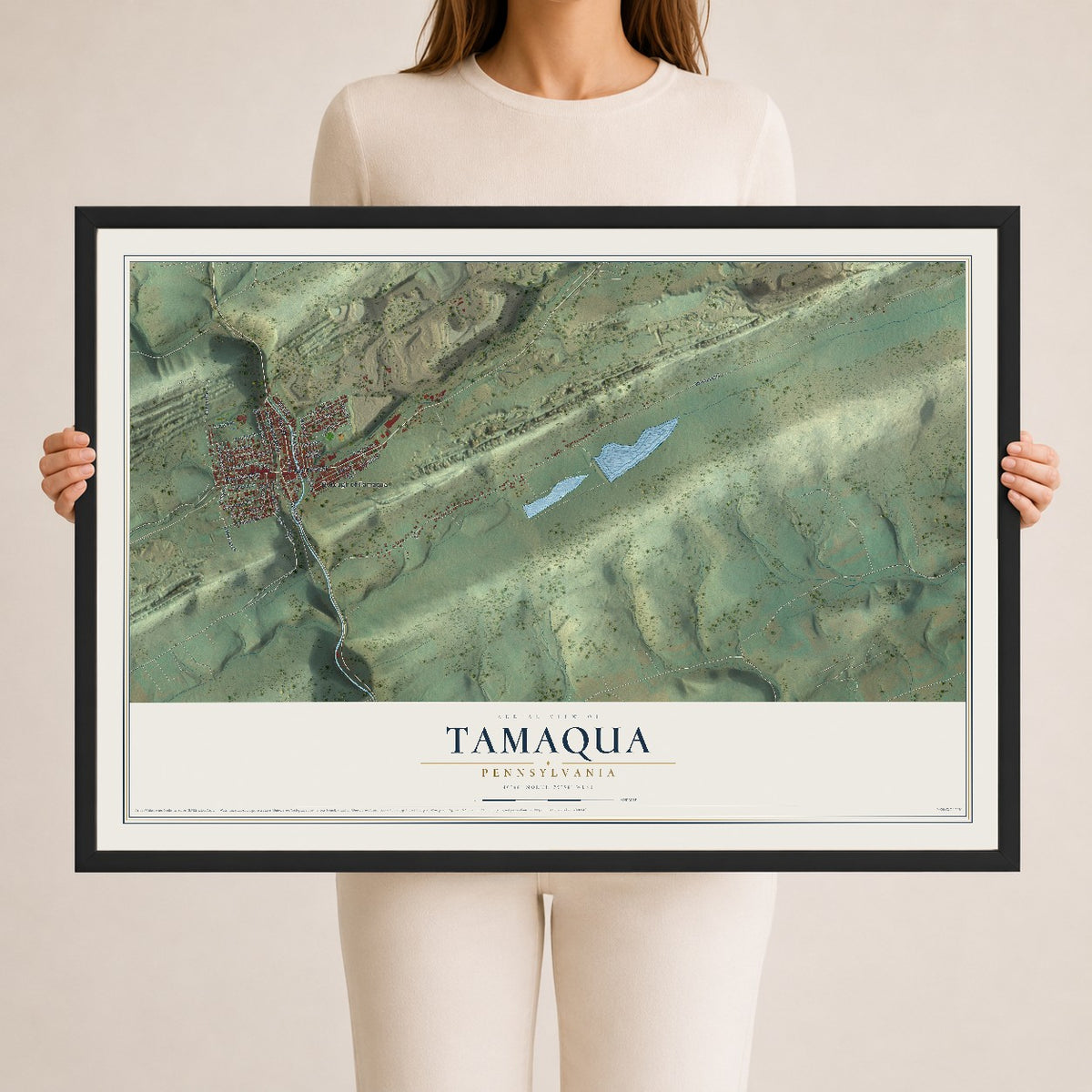 Map of Tamaqua, Pennsylvania, 24 x 36 inch print in a black wood frame