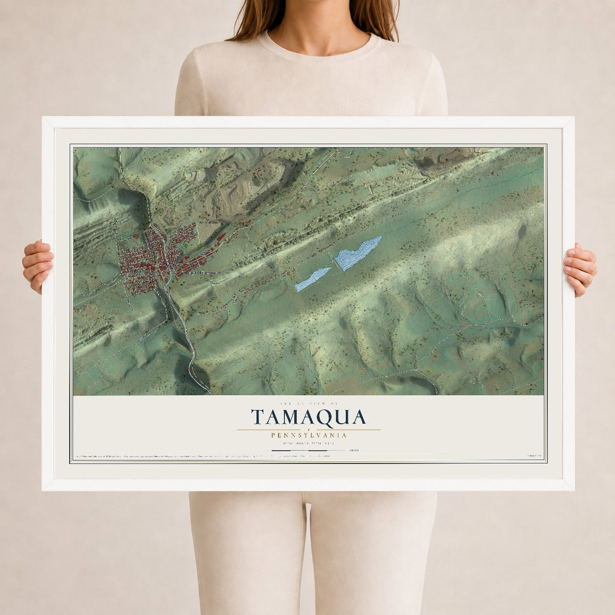 Map of Tamaqua, Pennsylvania, 24 x 36 inch print in a white wood frame