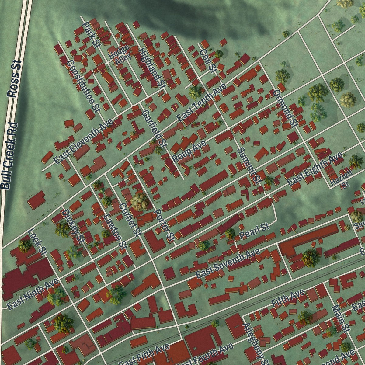 Close-up of the map of Tarentum, Pennsylvania print showing street and building detail