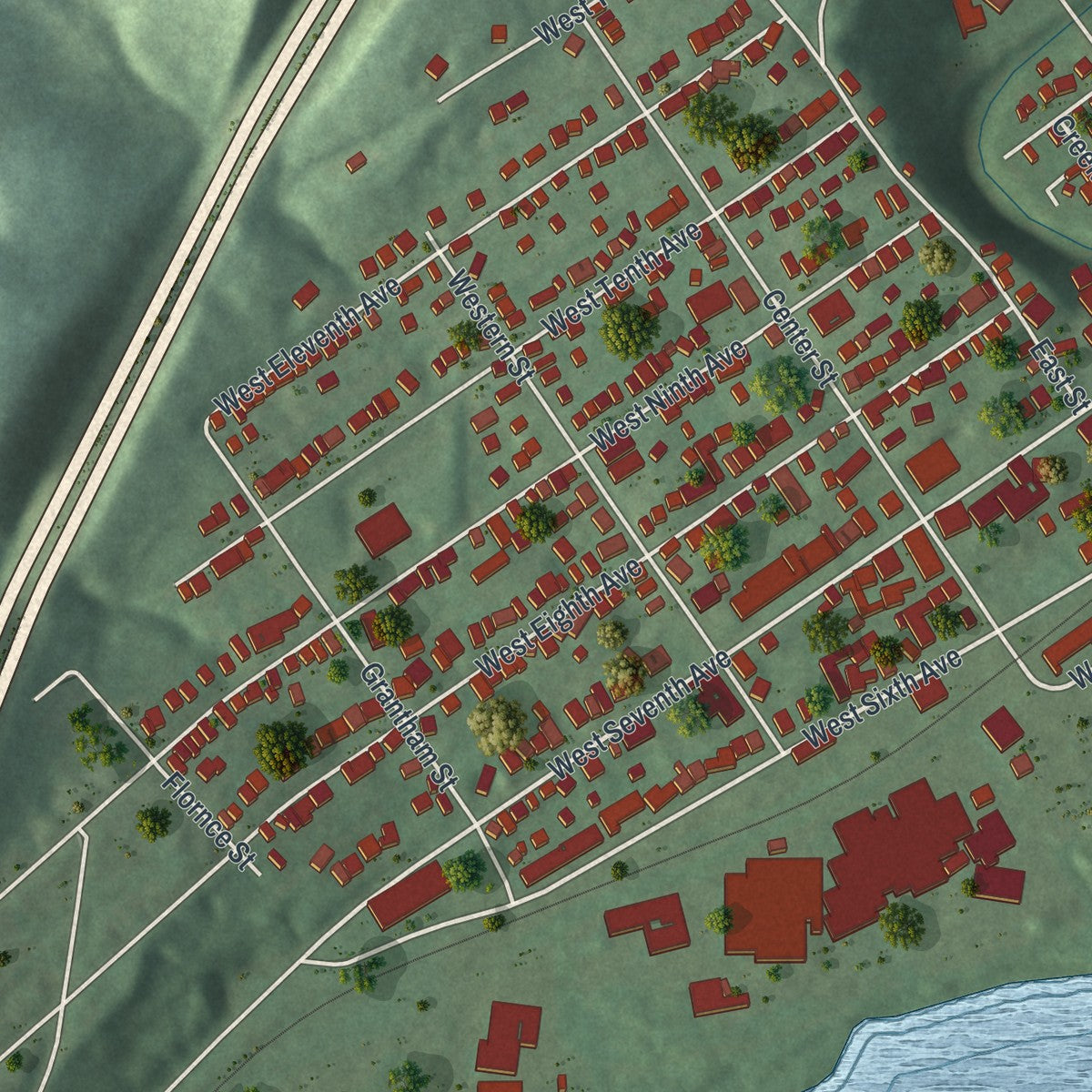 Second close-up of the map of Tarentum, Pennsylvania print showing more streets and buildings