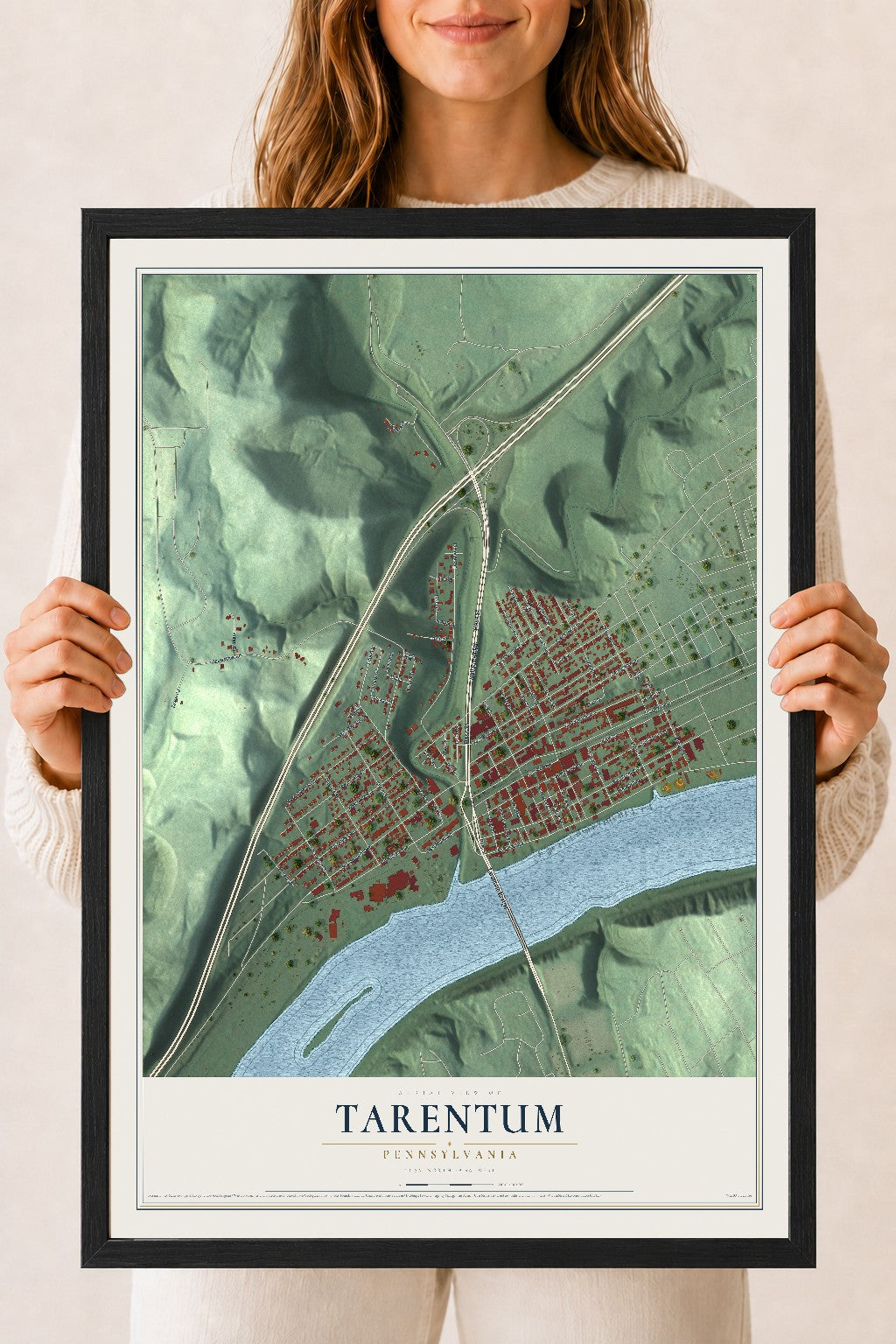 Map of Tarentum, Pennsylvania, 18 x 24 inch print in a black wood frame
