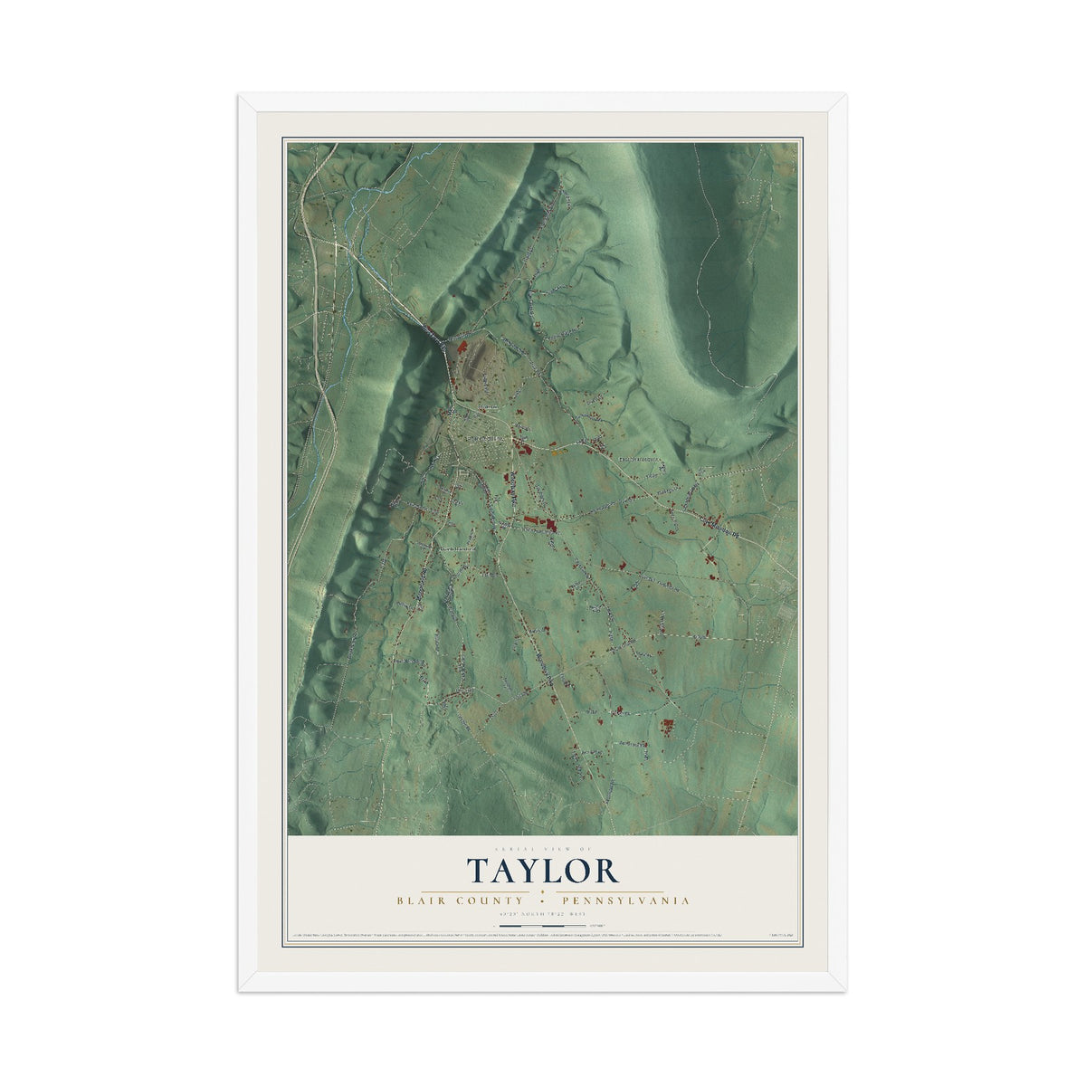 Map of Taylor, Blair County, Pennsylvania, 12 x 18 inch print in a white wood frame