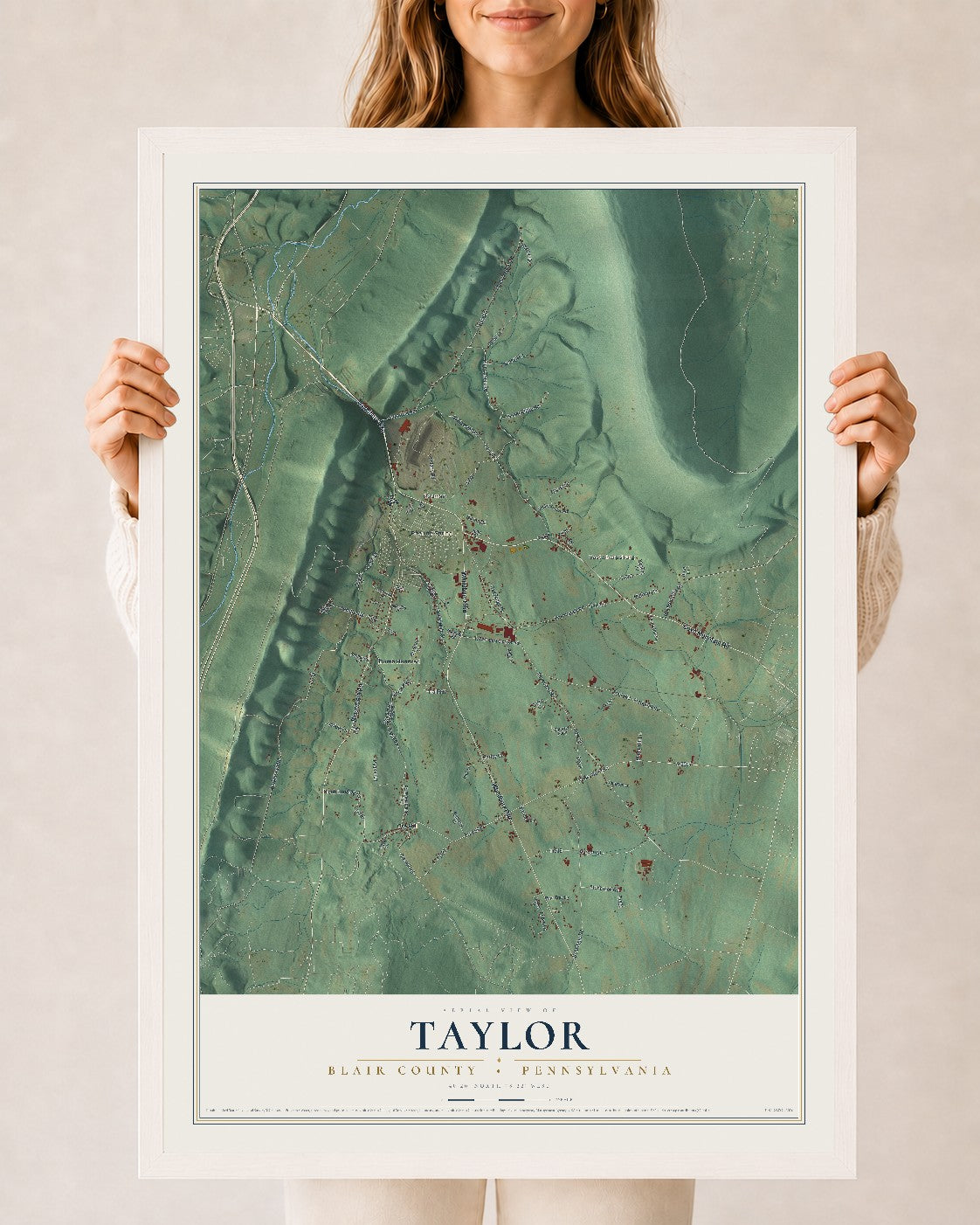 Map of Taylor, Blair County, Pennsylvania, 24 x 36 inch print in a white wood frame