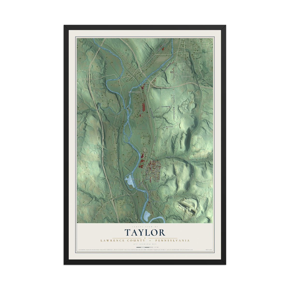 Map of Taylor, Lawrence County, Pennsylvania, 12 x 18 inch print in a black wood frame