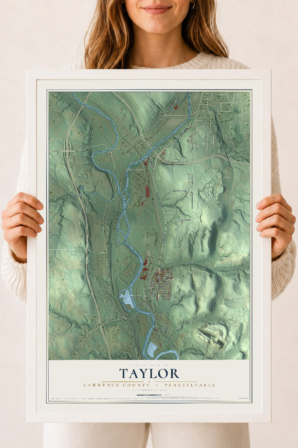 Map of Taylor, Lawrence County, Pennsylvania, 18 x 24 inch print in a white wood frame