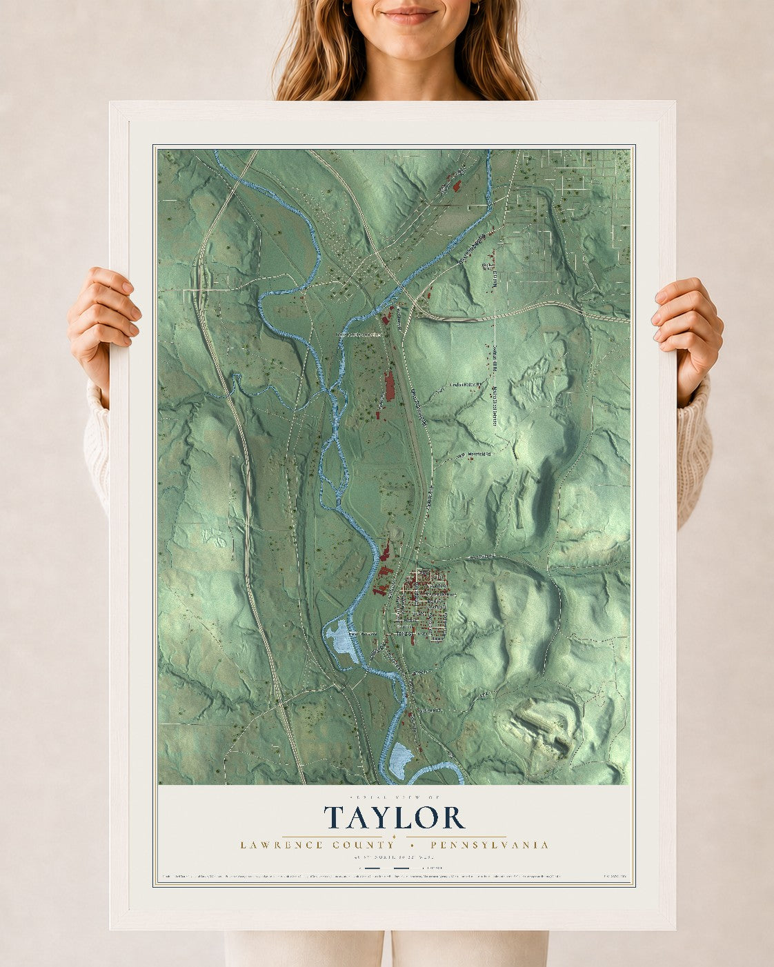 Map of Taylor, Lawrence County, Pennsylvania, 24 x 36 inch print in a white wood frame