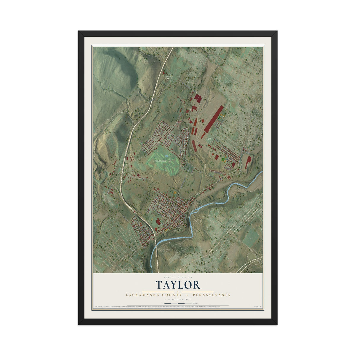Map of Taylor, Lackawanna County, Pennsylvania, 12 x 18 inch print in a black wood frame