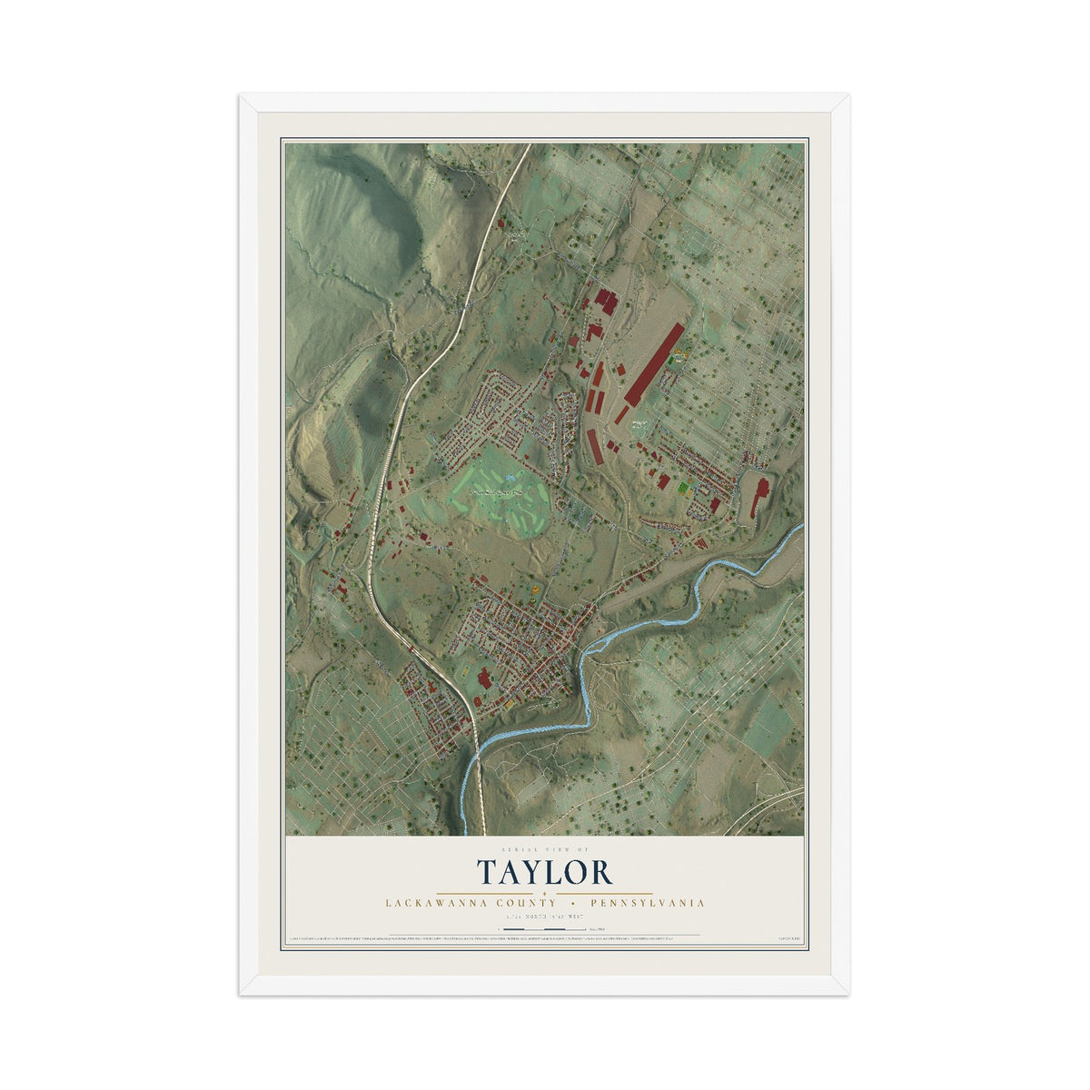 Map of Taylor, Lackawanna County, Pennsylvania, 12 x 18 inch print in a white wood frame
