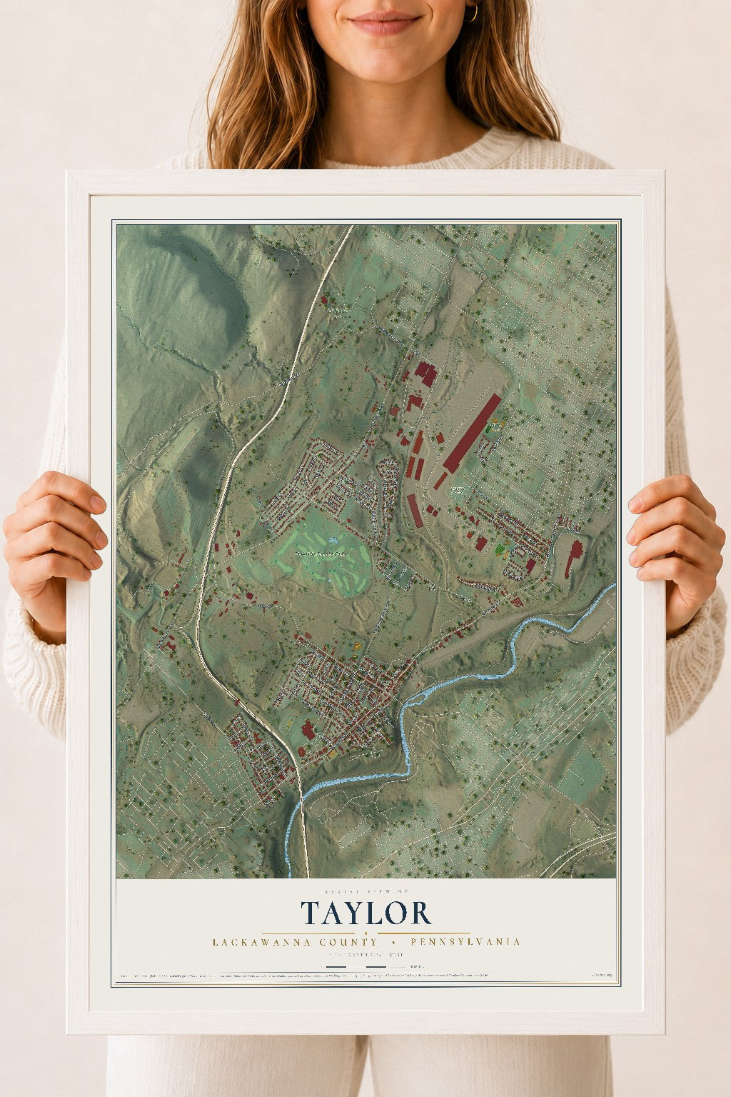 Map of Taylor, Lackawanna County, Pennsylvania, 18 x 24 inch print in a white wood frame