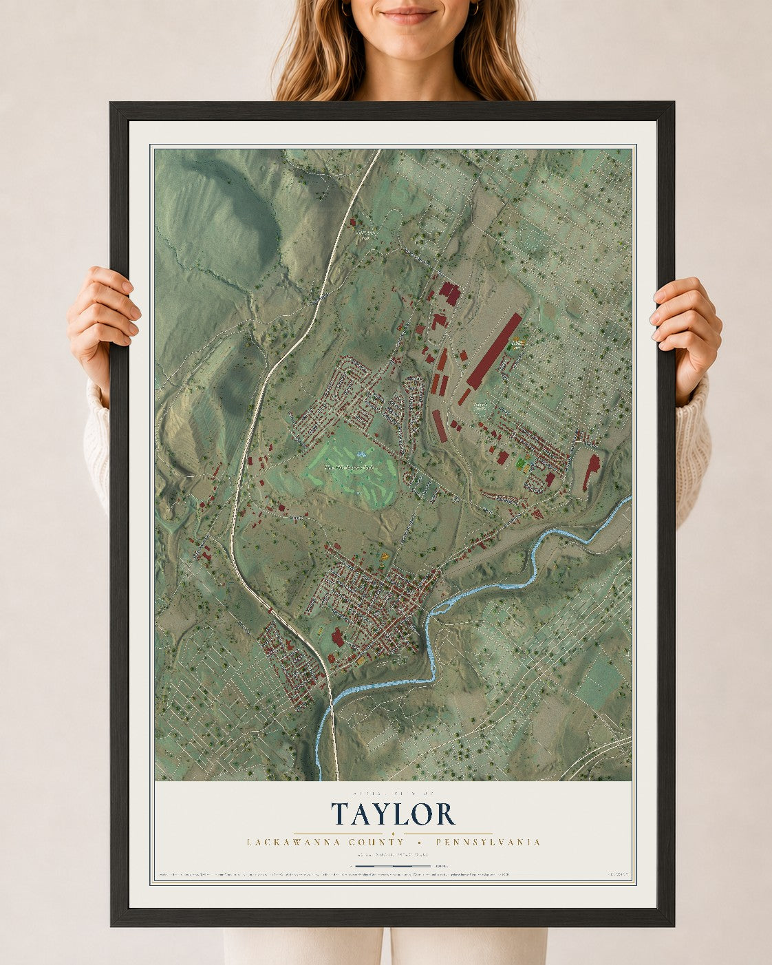 Map of Taylor, Lackawanna County, Pennsylvania, 24 x 36 inch print in a black wood frame