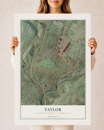 Map of Taylor, Lackawanna County, Pennsylvania, 24 x 36 inch print in a white wood frame