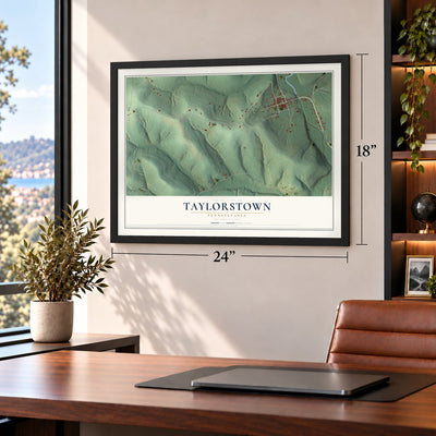 Taylorstown, Pennsylvania map, 18 x 24 inch print in a black frame in a home office