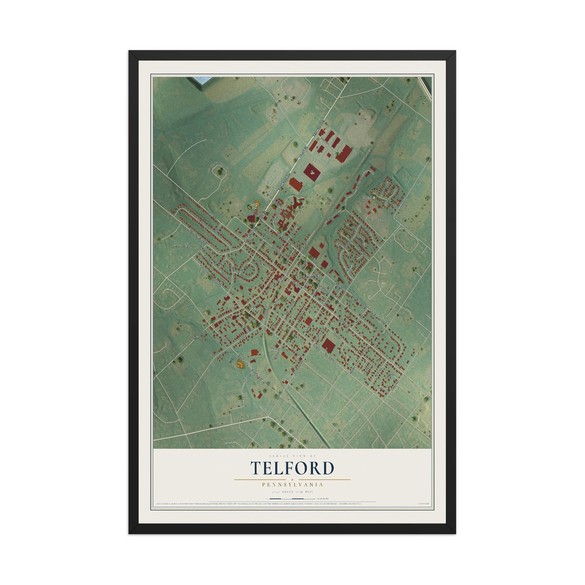 Map of Telford, Pennsylvania, 12 x 18 inch print in a black wood frame