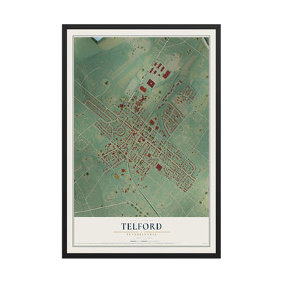 Map of Telford, Pennsylvania, 12 x 18 inch print in a black wood frame
