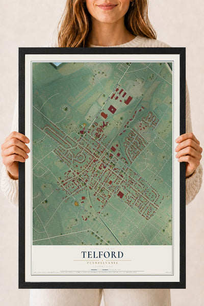 Map of Telford, Pennsylvania, 18 x 24 inch print in a black wood frame