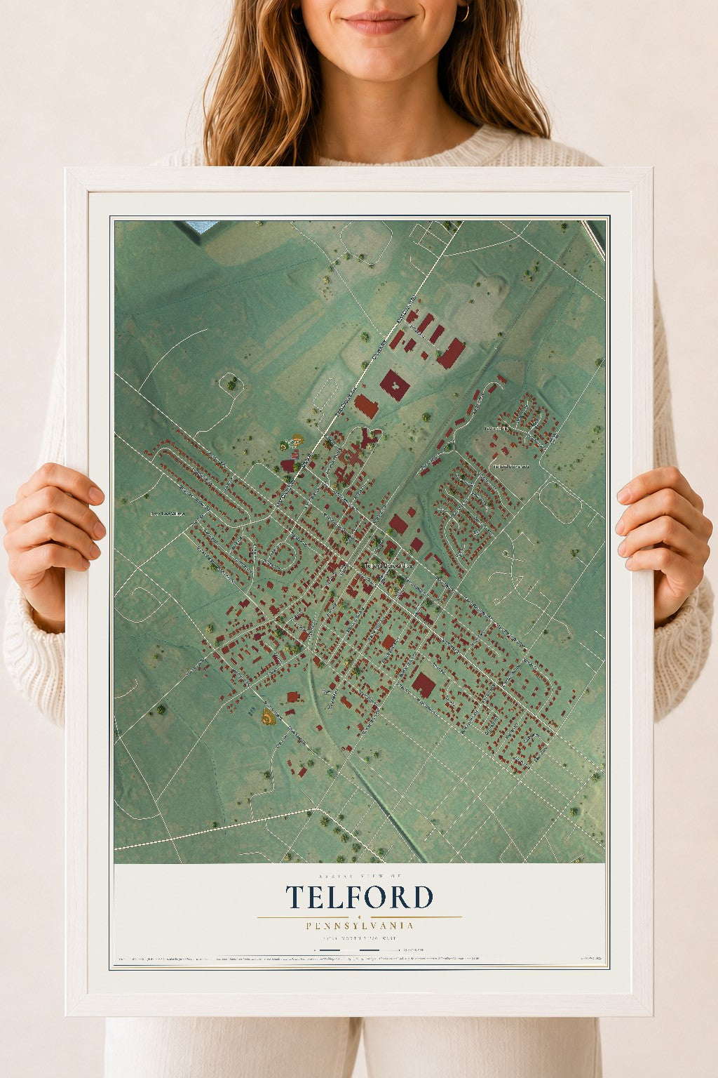 Map of Telford, Pennsylvania, 18 x 24 inch print in a white wood frame