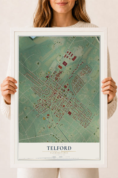 Map of Telford, Pennsylvania, 18 x 24 inch print in a white wood frame