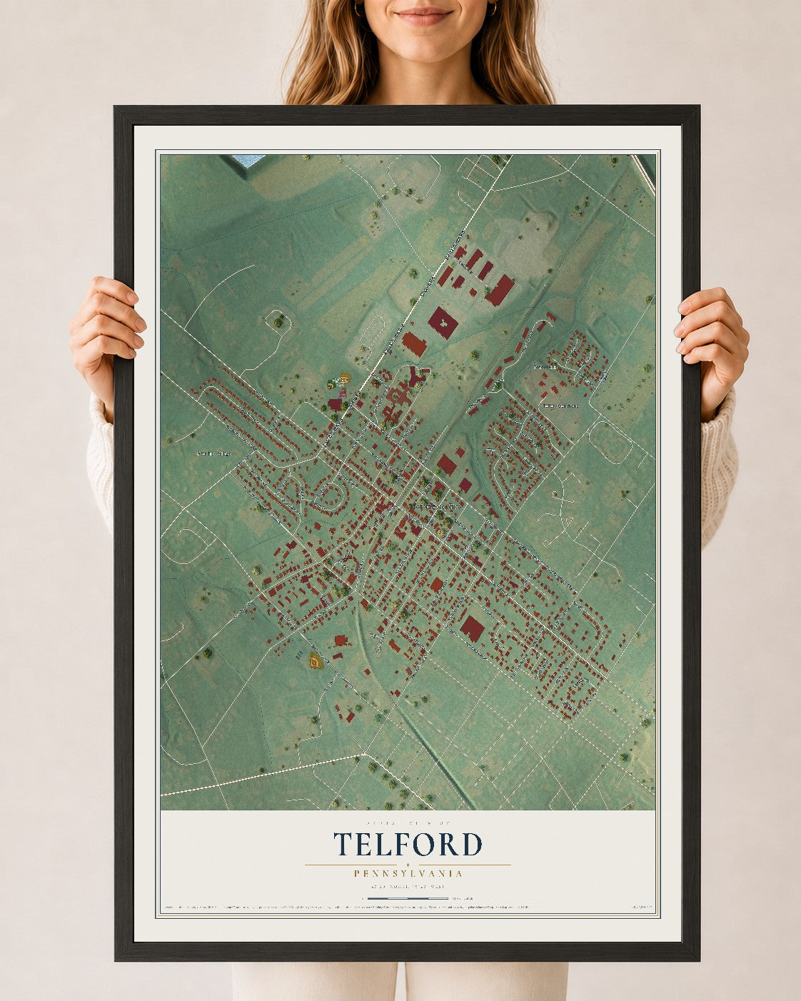 Map of Telford, Pennsylvania, 24 x 36 inch print in a black wood frame
