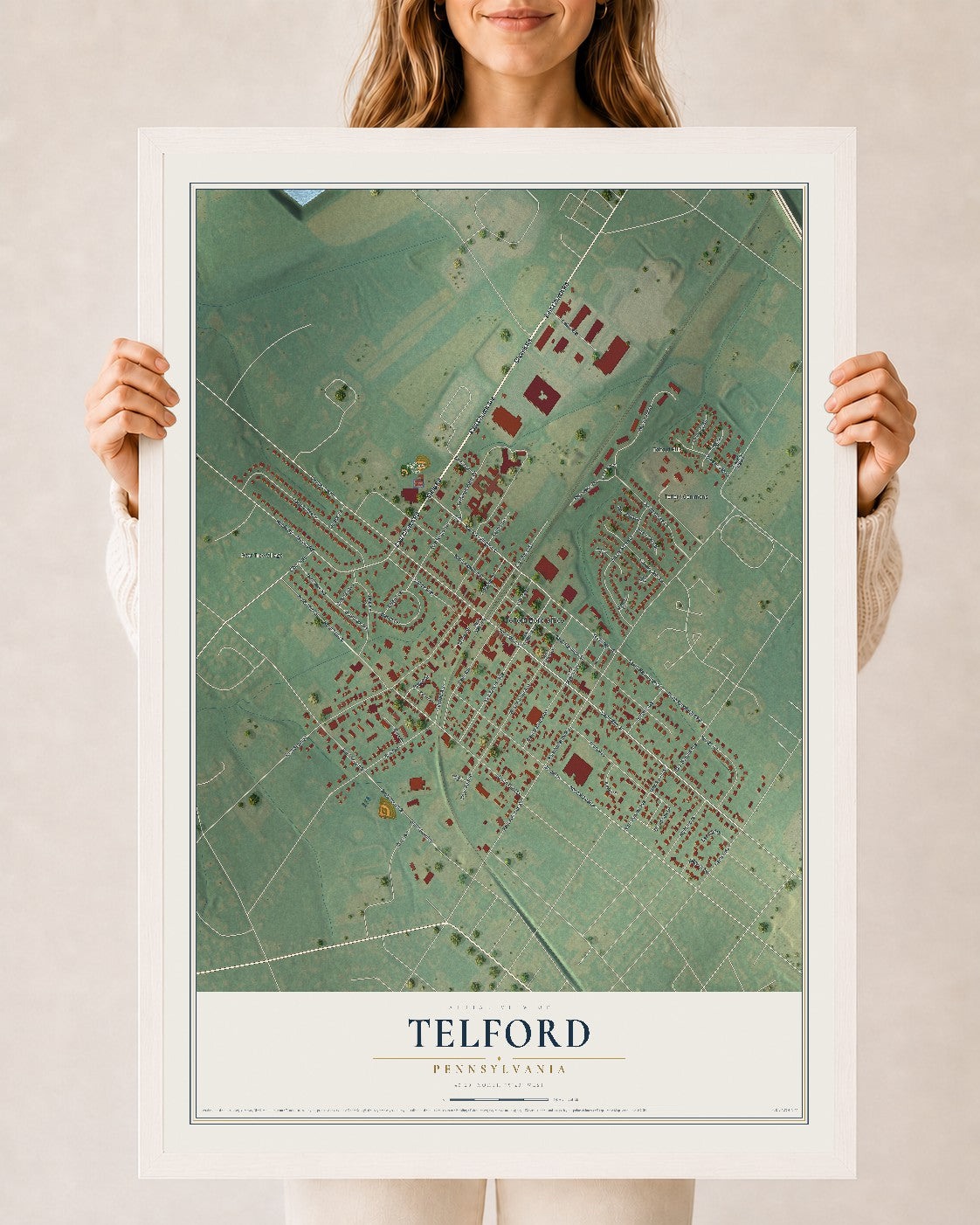 Map of Telford, Pennsylvania, 24 x 36 inch print in a white wood frame