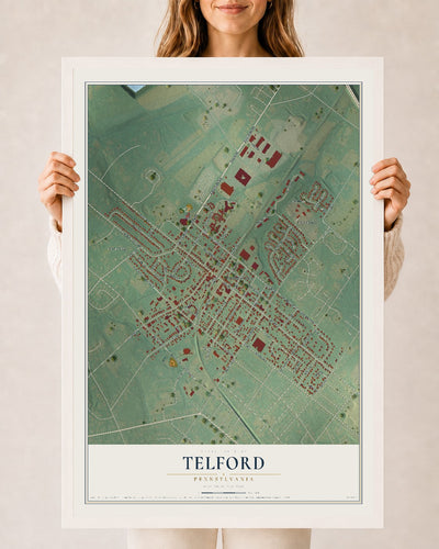 Map of Telford, Pennsylvania, 24 x 36 inch print in a white wood frame
