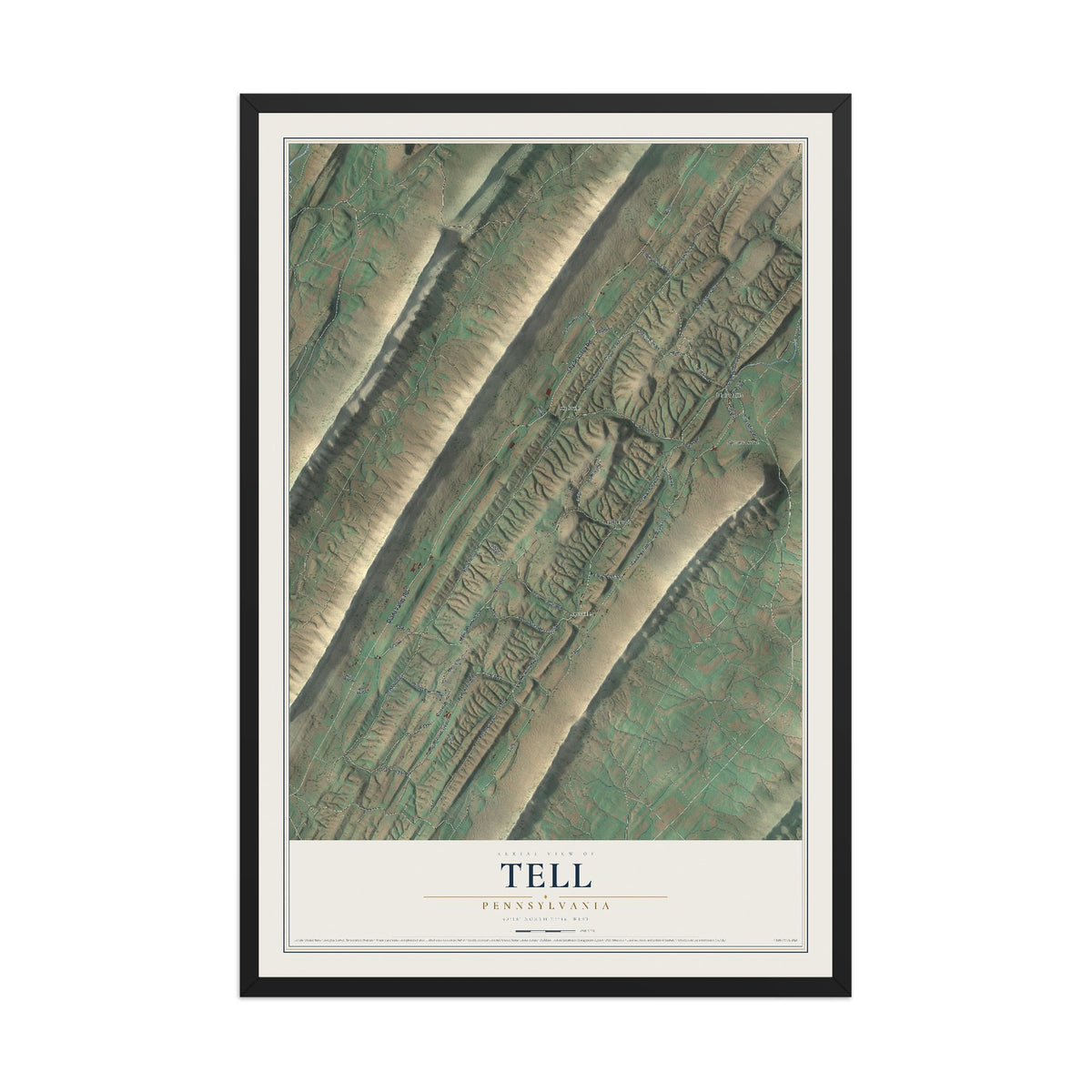 Map of Tell, Pennsylvania, 12 x 18 inch print in a black wood frame
