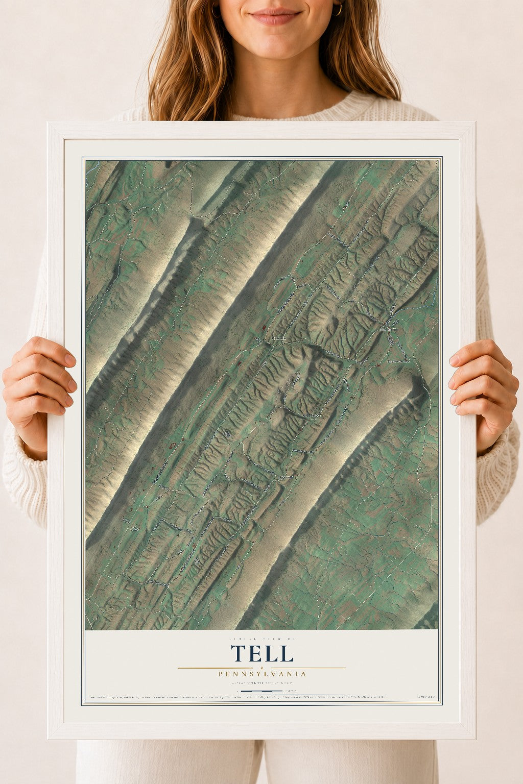 Map of Tell, Pennsylvania, 18 x 24 inch print in a white wood frame
