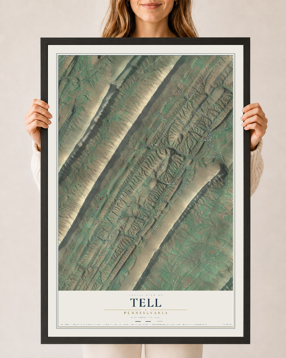 Map of Tell, Pennsylvania, 24 x 36 inch print in a black wood frame