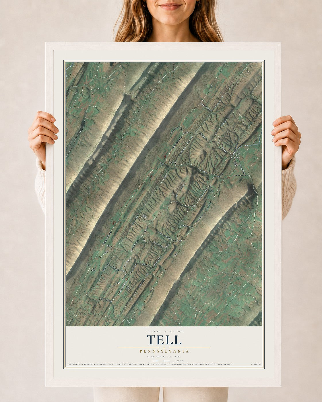 Map of Tell, Pennsylvania, 24 x 36 inch print in a white wood frame