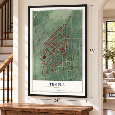 Temple, Pennsylvania map, 24 x 36 inch print in a black frame by a staircase