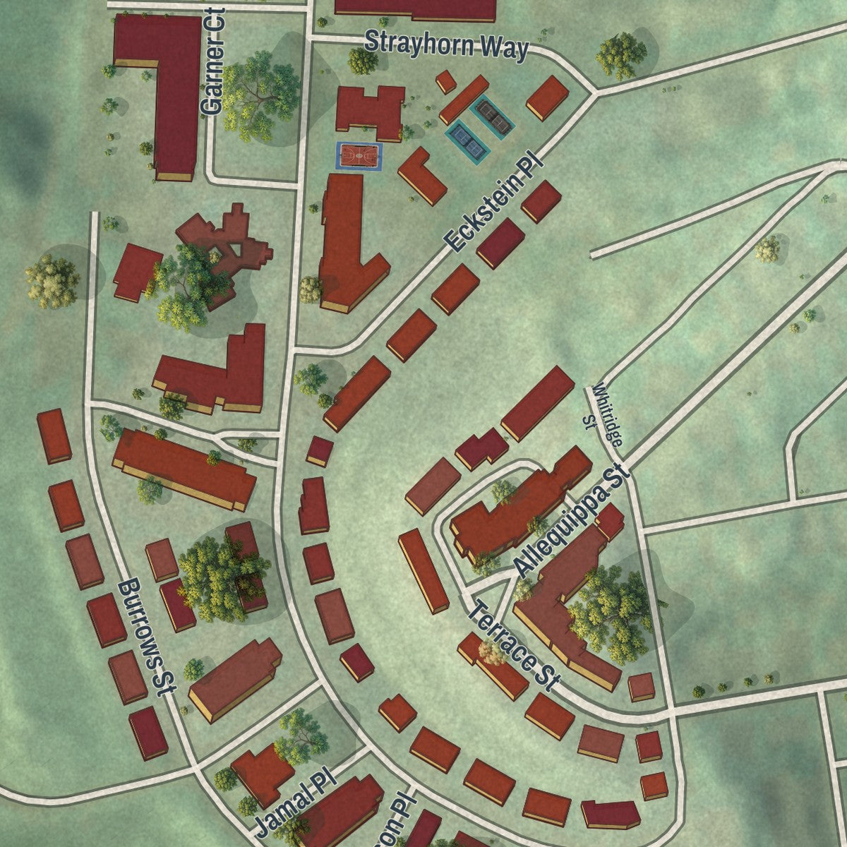 Close-up of the map of Terrace Village, Pennsylvania print showing street and building detail