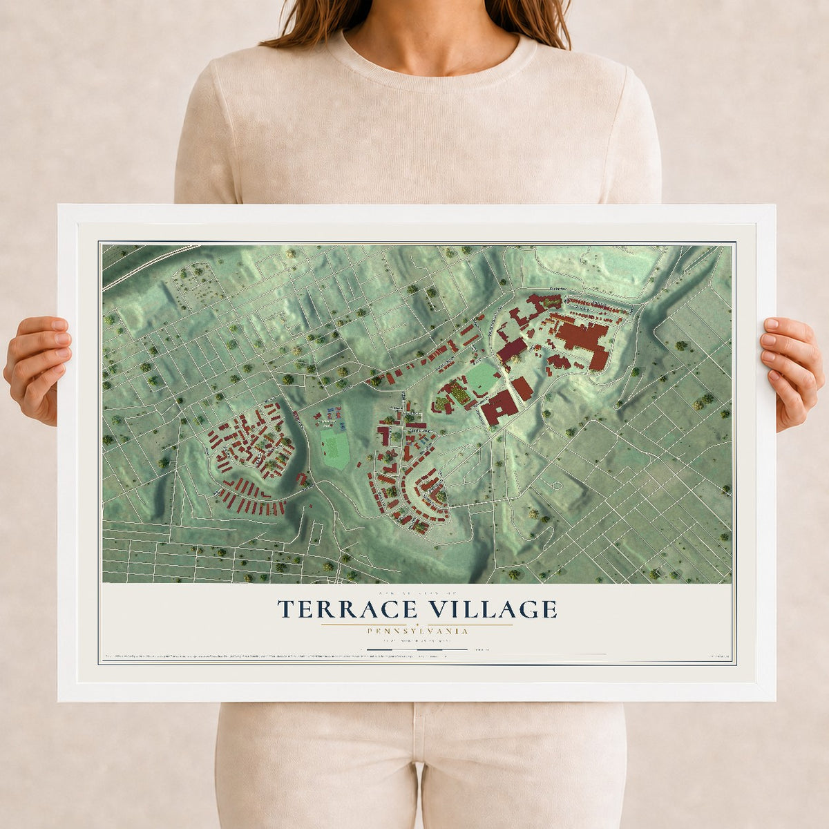 Map of Terrace Village, Pennsylvania, 12 x 18 inch print in a white wood frame