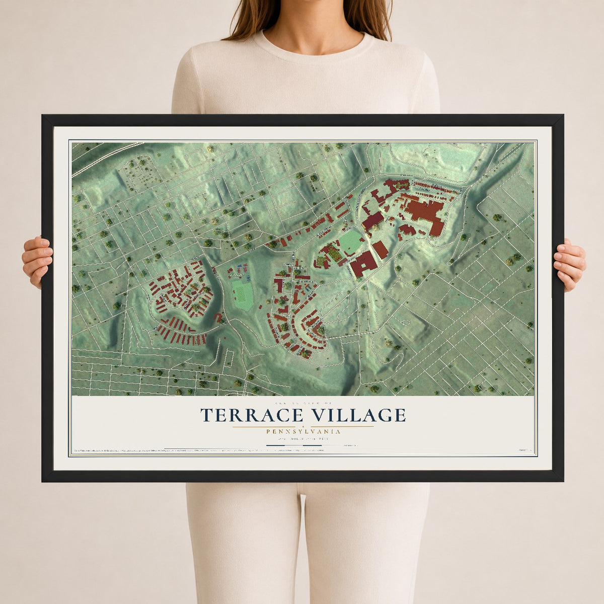 Map of Terrace Village, Pennsylvania, 24 x 36 inch print in a black wood frame