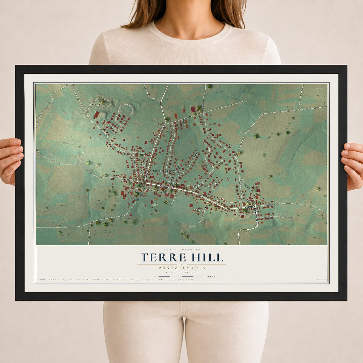 Map of Terre Hill, Pennsylvania, 18 x 24 inch print in a black wood frame