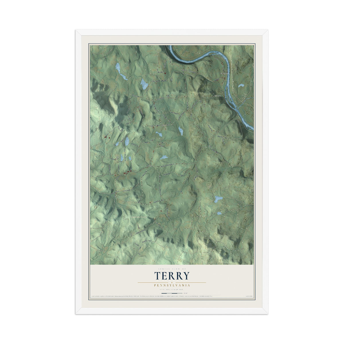 Map of Terry, Pennsylvania, 12 x 18 inch print in a white wood frame