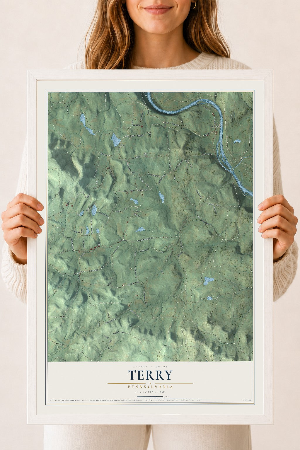 Map of Terry, Pennsylvania, 18 x 24 inch print in a white wood frame