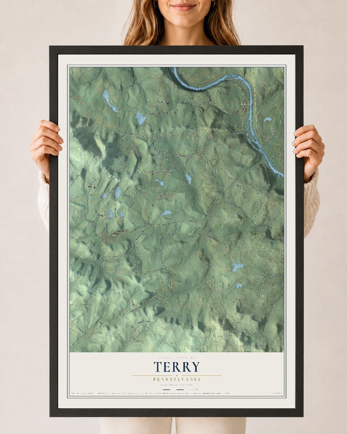 Map of Terry, Pennsylvania, 24 x 36 inch print in a black wood frame